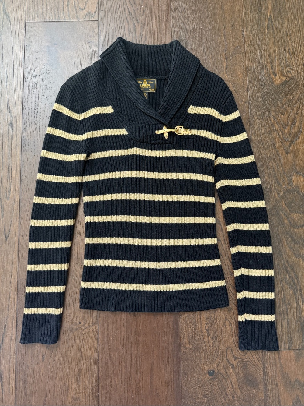 Ralph Lauren Black and Cream Ribbed Shawl-Collar Sweater with Toggle